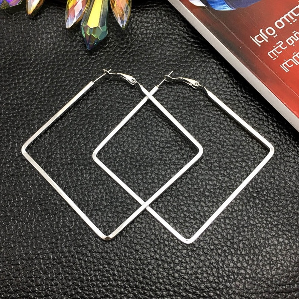 Silver Rhombus Clasp Back Hoop Earrings - Picture 2 of 7